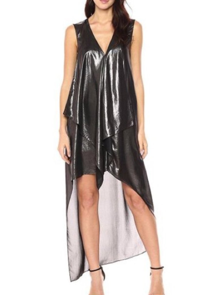 Bcbgmaxazria Tara Whimsigoth Rare Gunmetal Metallic V-Neck Hi-Lo Dress Nwt